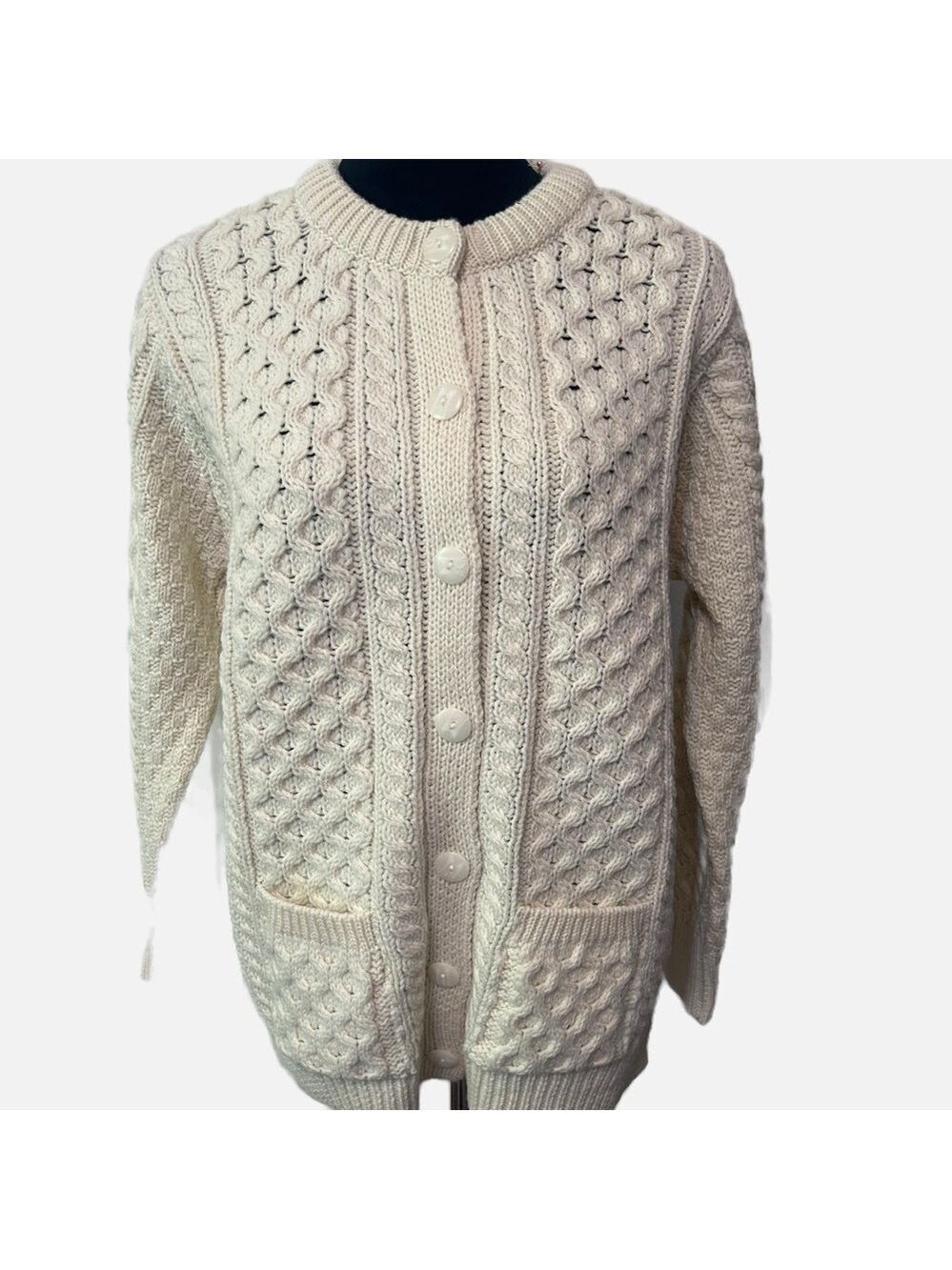 Aran Crafts Women’s Merino Wool Sweater Ireland Cableknit Cream Small Fisherman